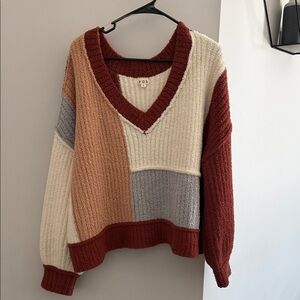 POL Colorblock V-Neck Sweater in Cream, Tan, and Red